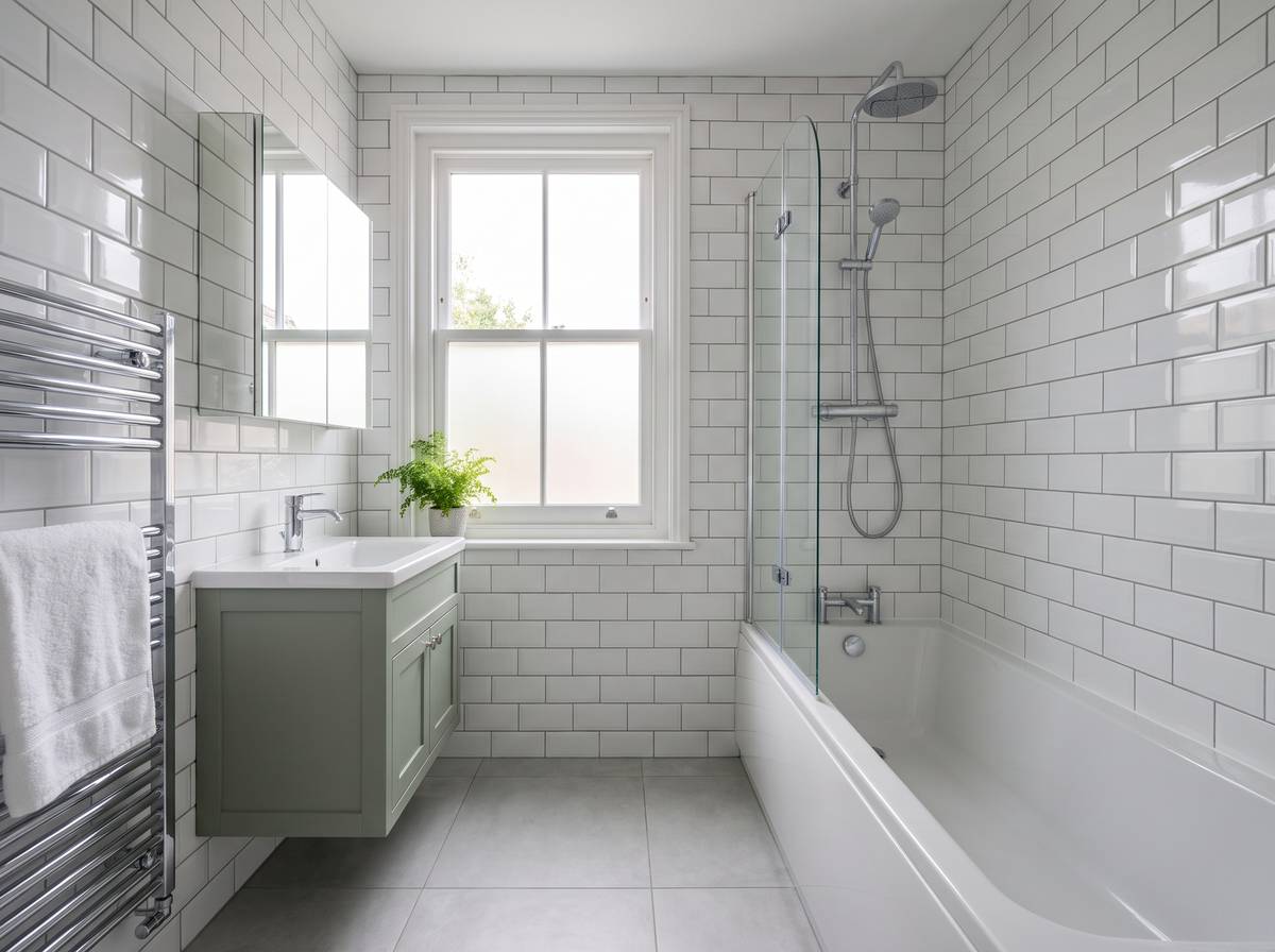 A refitted bathroom with metro tiles, a shower bath and a wall-hung vanity
