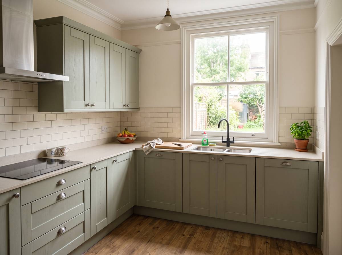 A refitted sage-green shaker kitchen with a quartz-look worktop and metro tiles