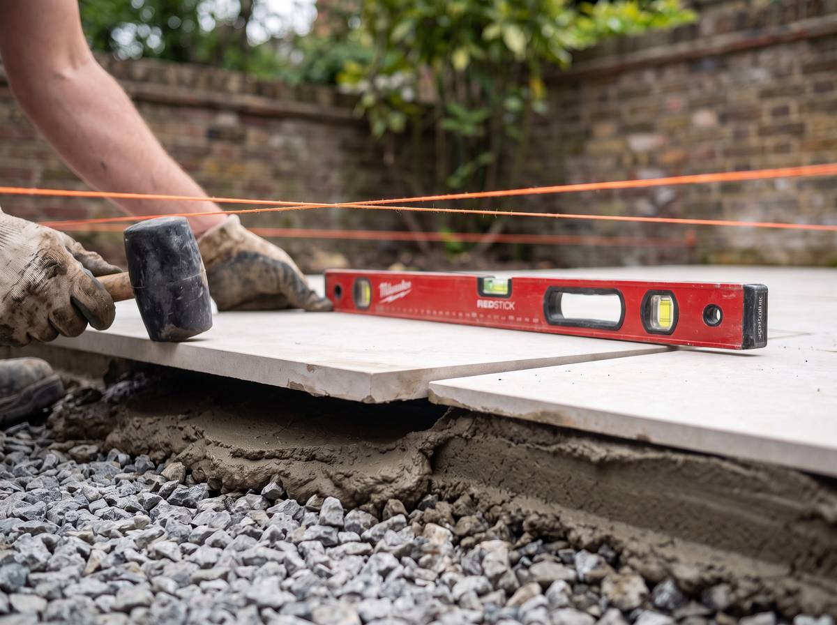 Porcelain paving being laid on a full mortar bed over a compacted sub-base