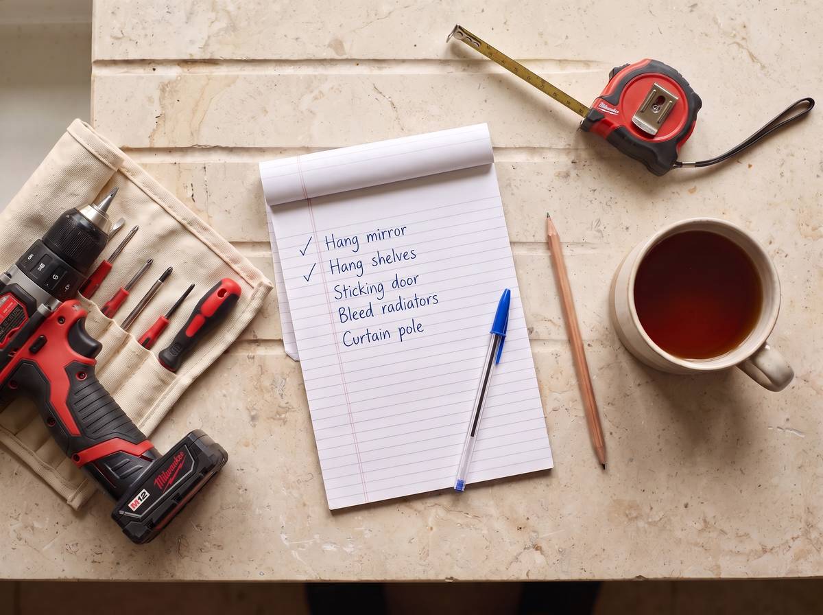 A handwritten to-do list of small household jobs beside a drill and a mug of tea