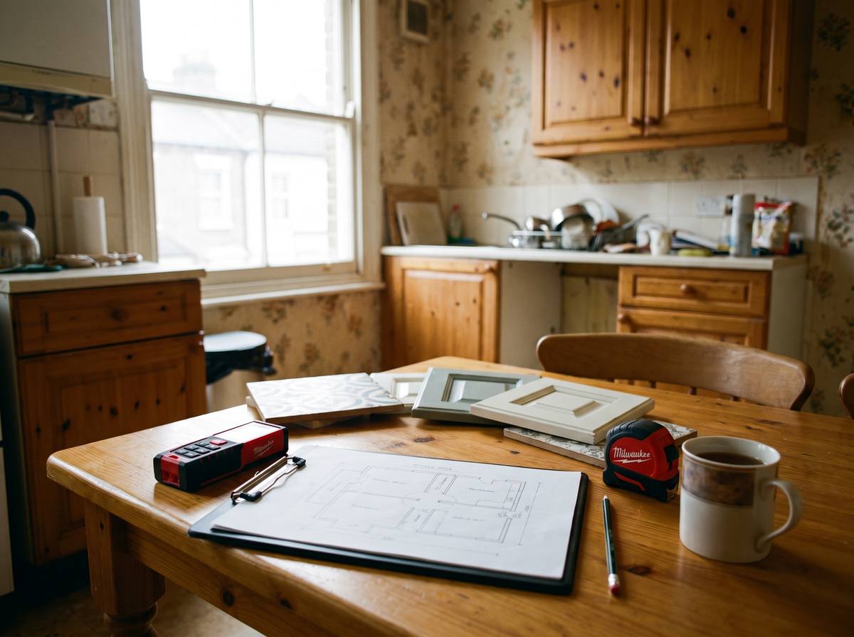 Survey notes, a laser measure and kitchen samples on the table before a refurbishment