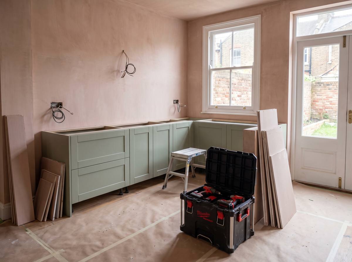 A kitchen refit in progress in a London terrace, with the floor protected and the site kept tidy