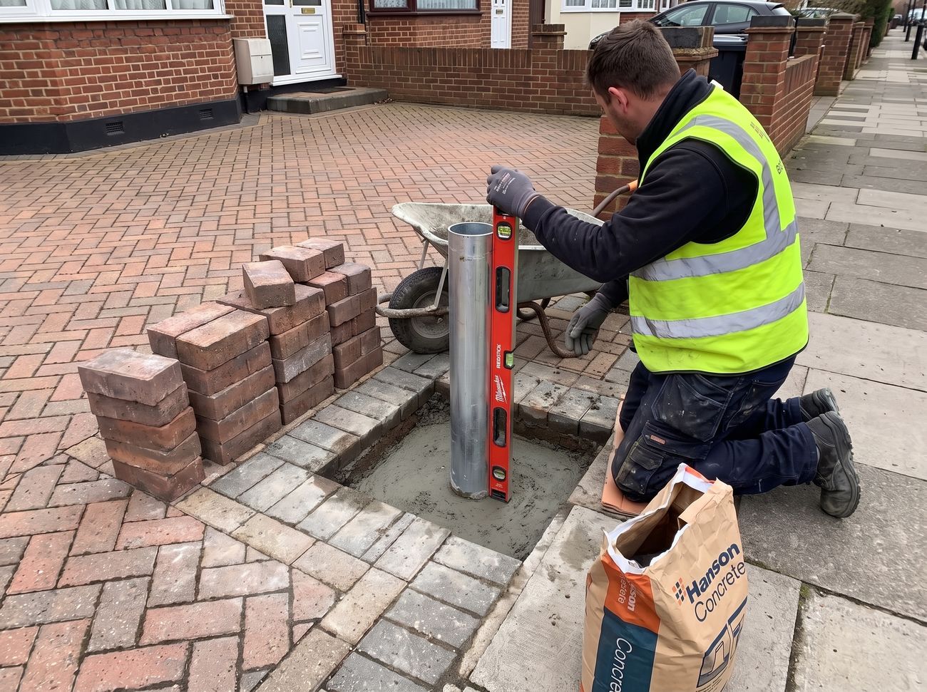 An installer levelling a bollard sleeve set in fresh concrete at a driveway entrance
