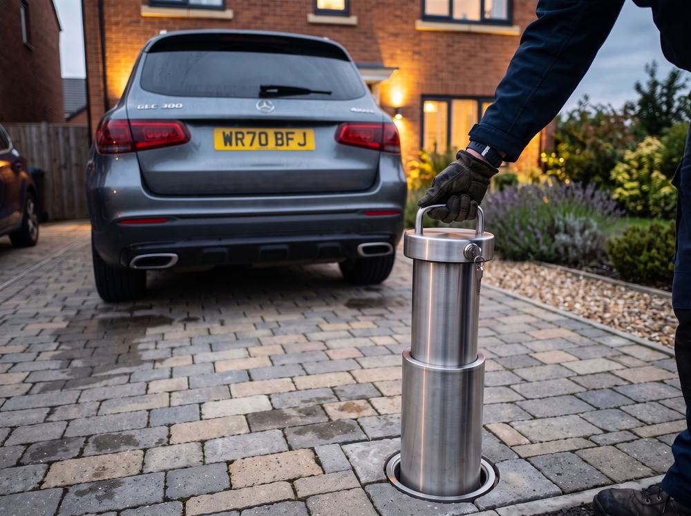 A gloved hand lifting a telescopic bollard from its ground cassette behind a Mercedes on a driveway